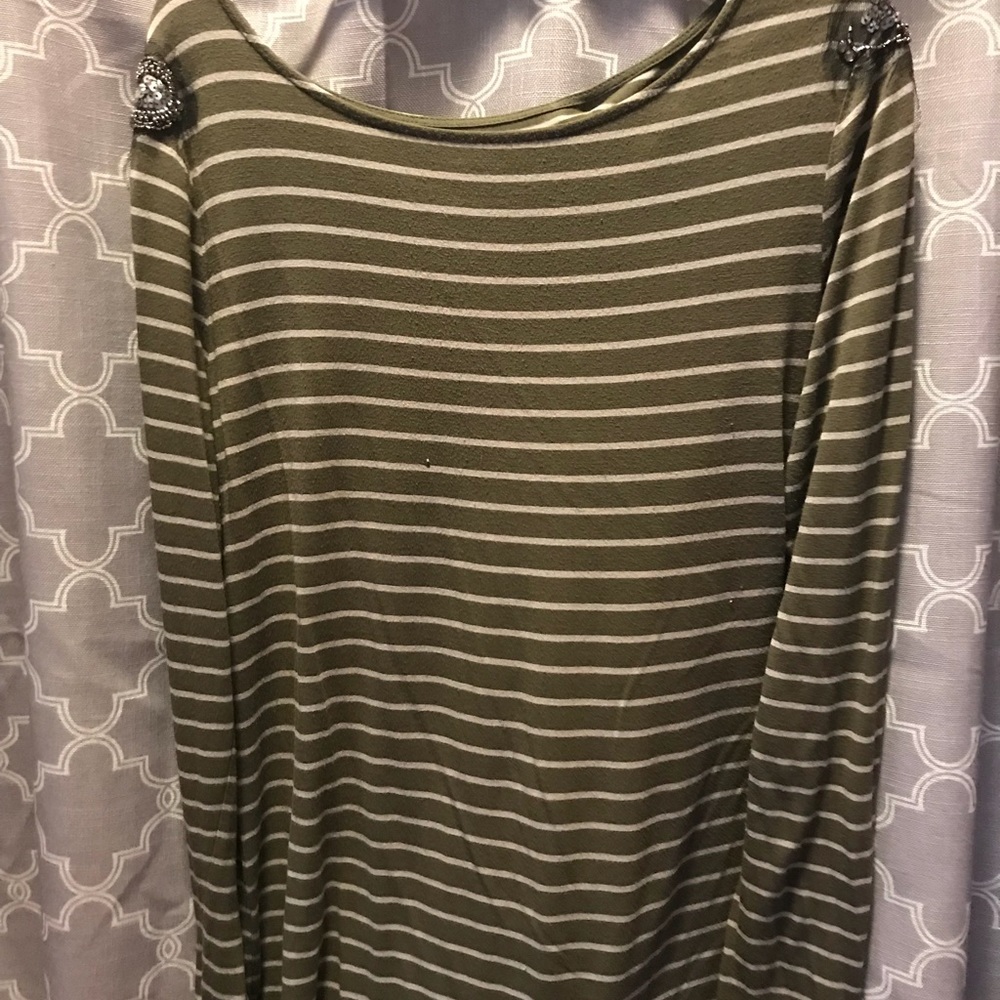 Olive Green striped top with rhinestones